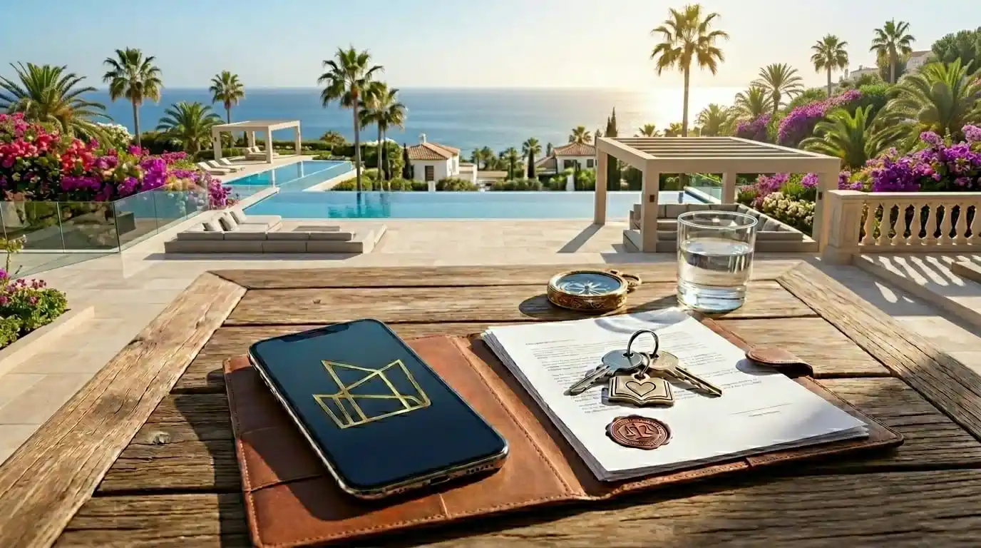 Legal documents and luxury villa view in Marbella representing real estate consumer rights and hotline contact information for Gonzo Private Office clients
