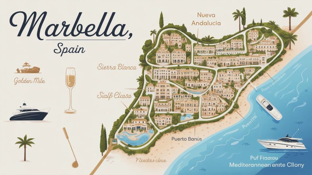 Map of Marbella showing top areas to buy luxury villas: Golden Mile, Sierra Blanca, Nueva Andalucía