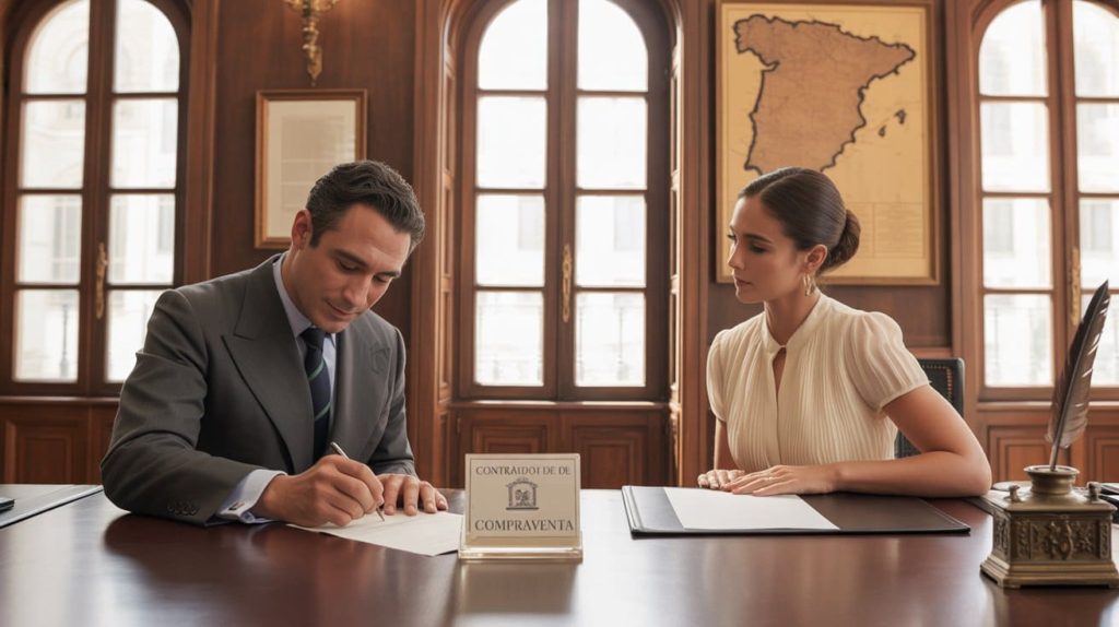 Signing the property title deed with a notary during a villa purchase in Marbella