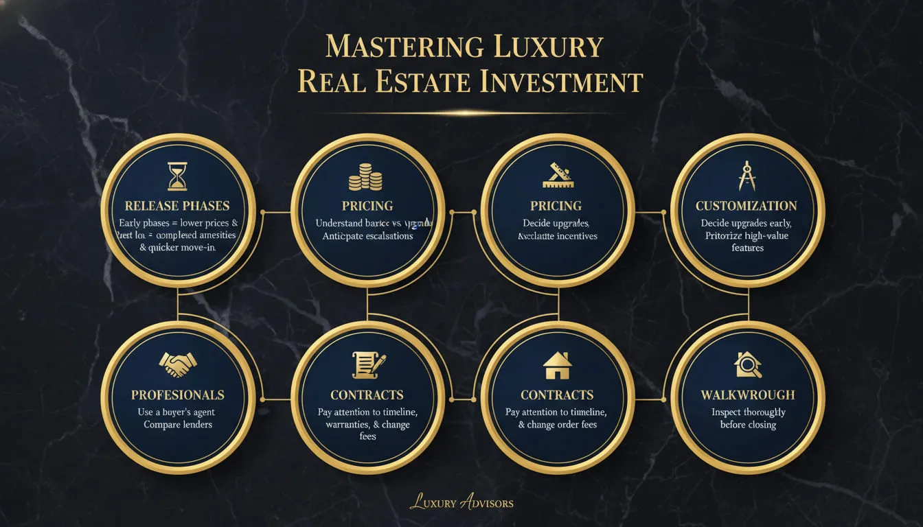 A luxury real estate investment flowchart outlining the lifecycle of high-end property acquisition, from early release pricing to final inspections and contract change orders