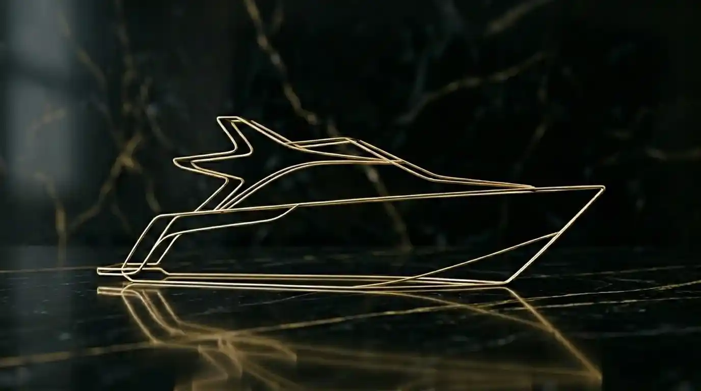 Golden thread sculpture #C5A059 representing a yacht and designer furniture on marble for Gonzo Private Office