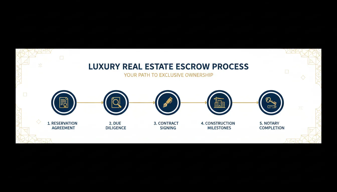 escrow Spain luxury villas: Five-step process from reservation to notary completion showing secure payment milestones for off-plan purchases