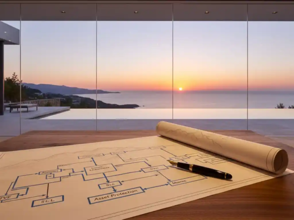 Technical blueprint of cross-border fiscal structures on a walnut desk in a luxury La Zagaleta villa.
