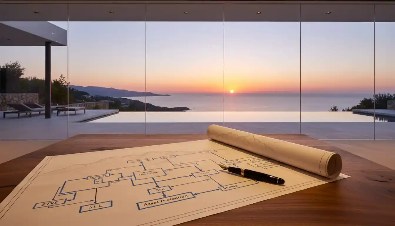 Technical blueprint of cross-border fiscal structures on a walnut desk in a luxury La Zagaleta villa.