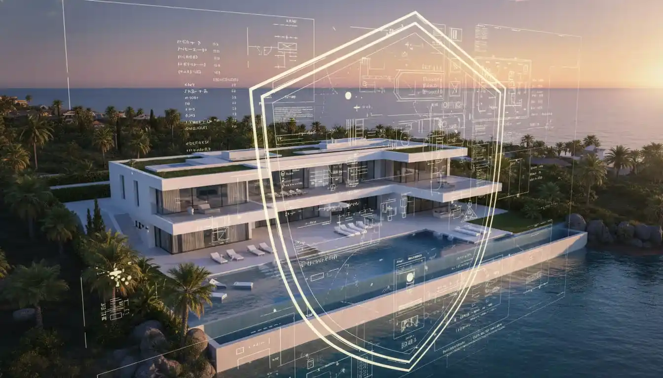 Ultra-luxury villa on Marbella's Golden Mile with graphical overlay of asset protection and fiscal blueprints