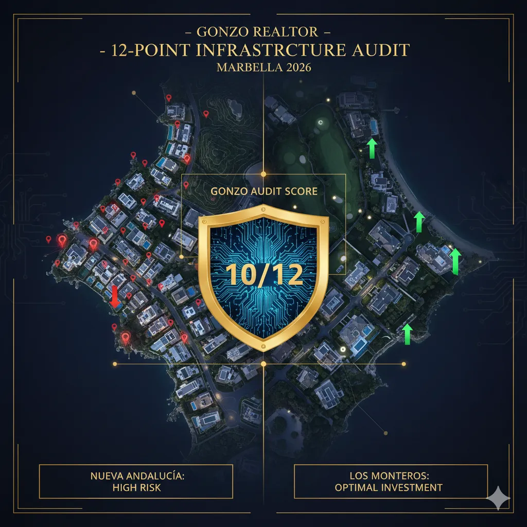 Technical infrastructure audit map of Marbella luxury zones highlighting the 10/12 Gonzo Audit Score for optimal investment.