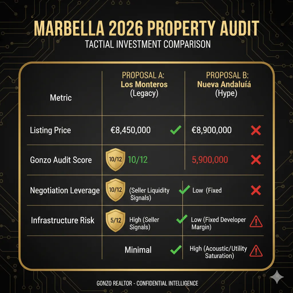 Investament metrics table for Marbella property audit 2026 showing listing prices, Gonzo Audit Score, and negotiation leverage.