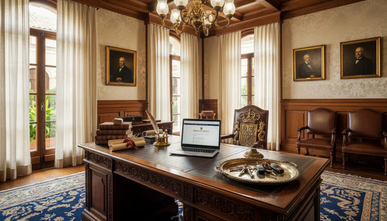 Spanish notary office with legal documents and Bank of Spain regulations protecting high-value villa transactions under Law 57/1968