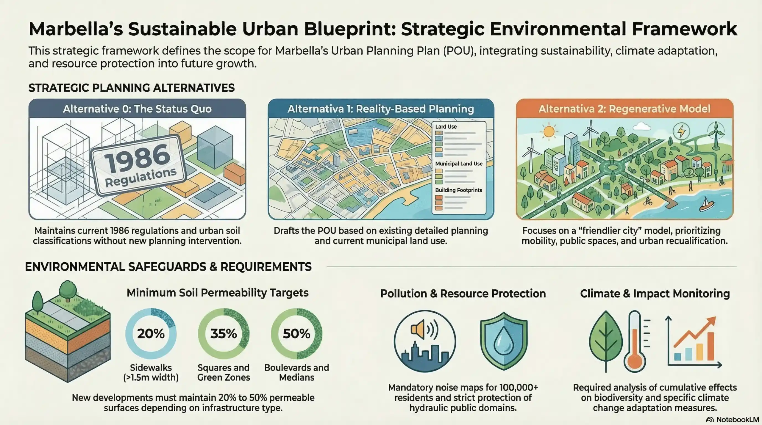 Technical blueprint of Marbella's POU 2024 urban plan, illustrating the Sponge City framework, sustainable drainage systems, and green infrastructure guidelines for 2026 real estate development.