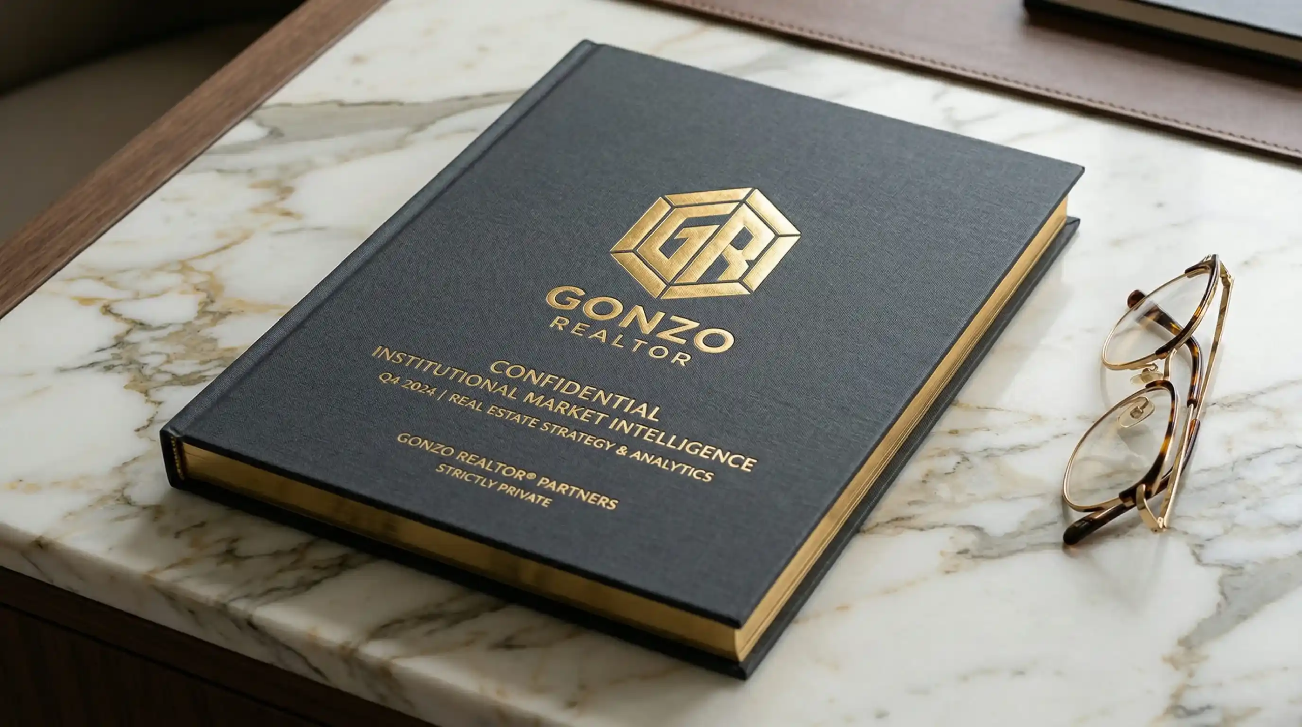 The official Marbella 2026 White Paper by Gonzo Realtor on a marble surface with gold branding.