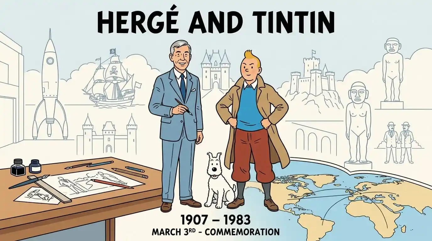Commemorative illustration of Hergé and Tintin with birth and death dates, celebrating the 43rd anniversary in Ligne Claire style.