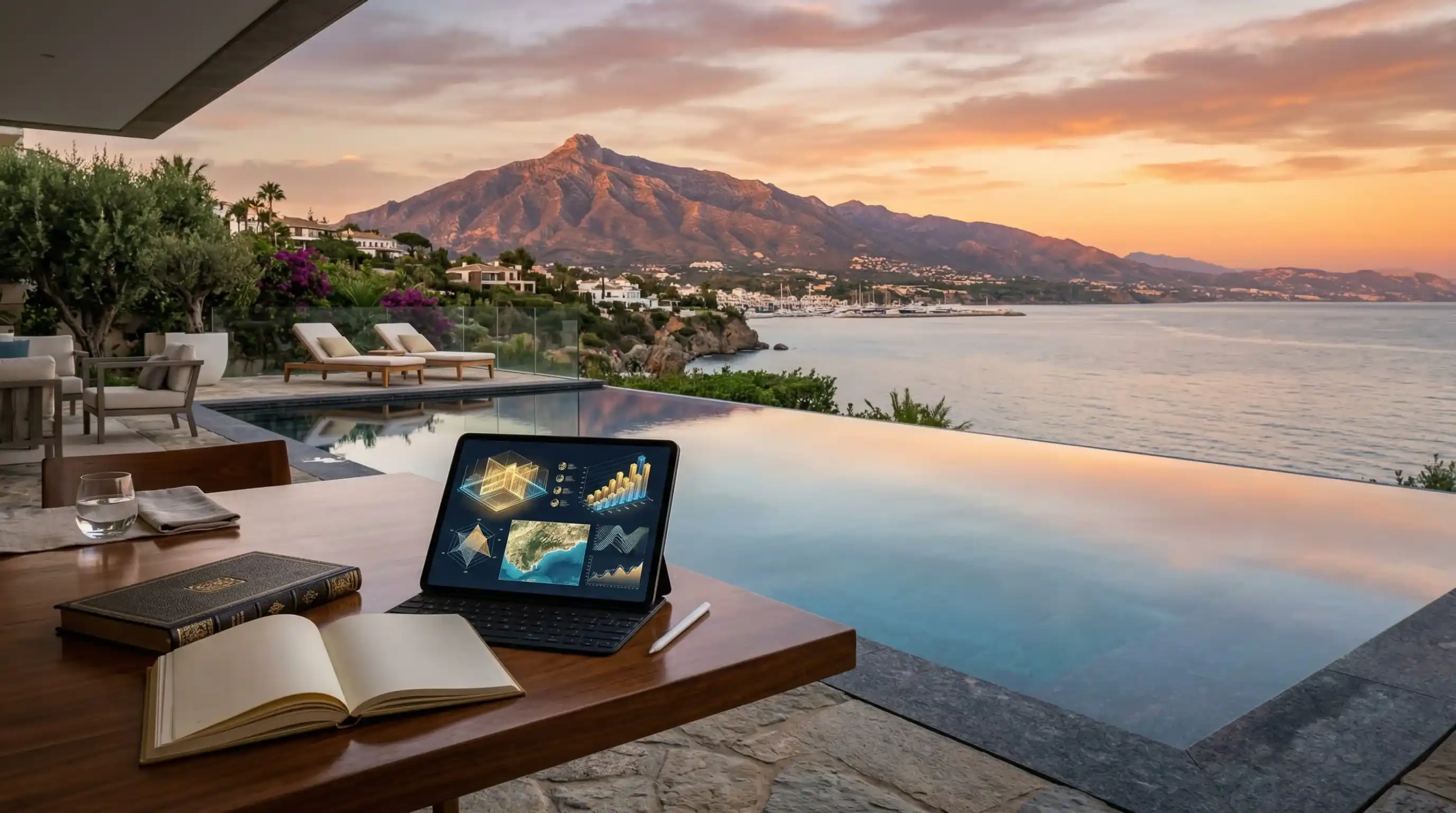 Luxury real estate market analysis of Marbella in 2026 showing data visualizations and coastal views.