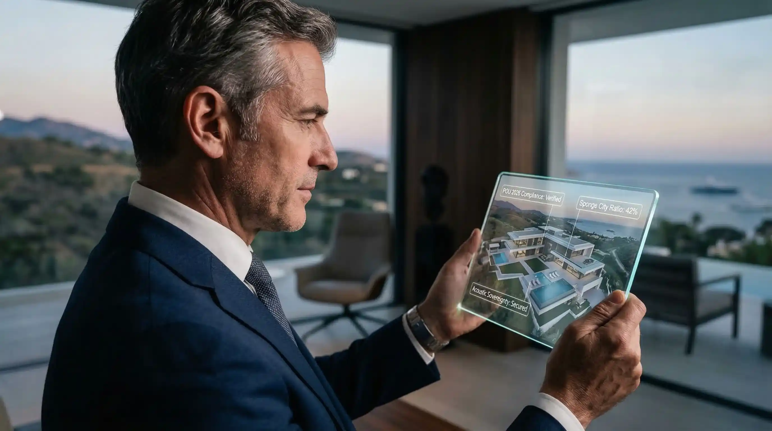 Close-up of a sophisticated wealth manager reviewing a technical 3D property audit on a tablet, showing compliance data for Marbella's POU 2026 and hydrogeological standards.