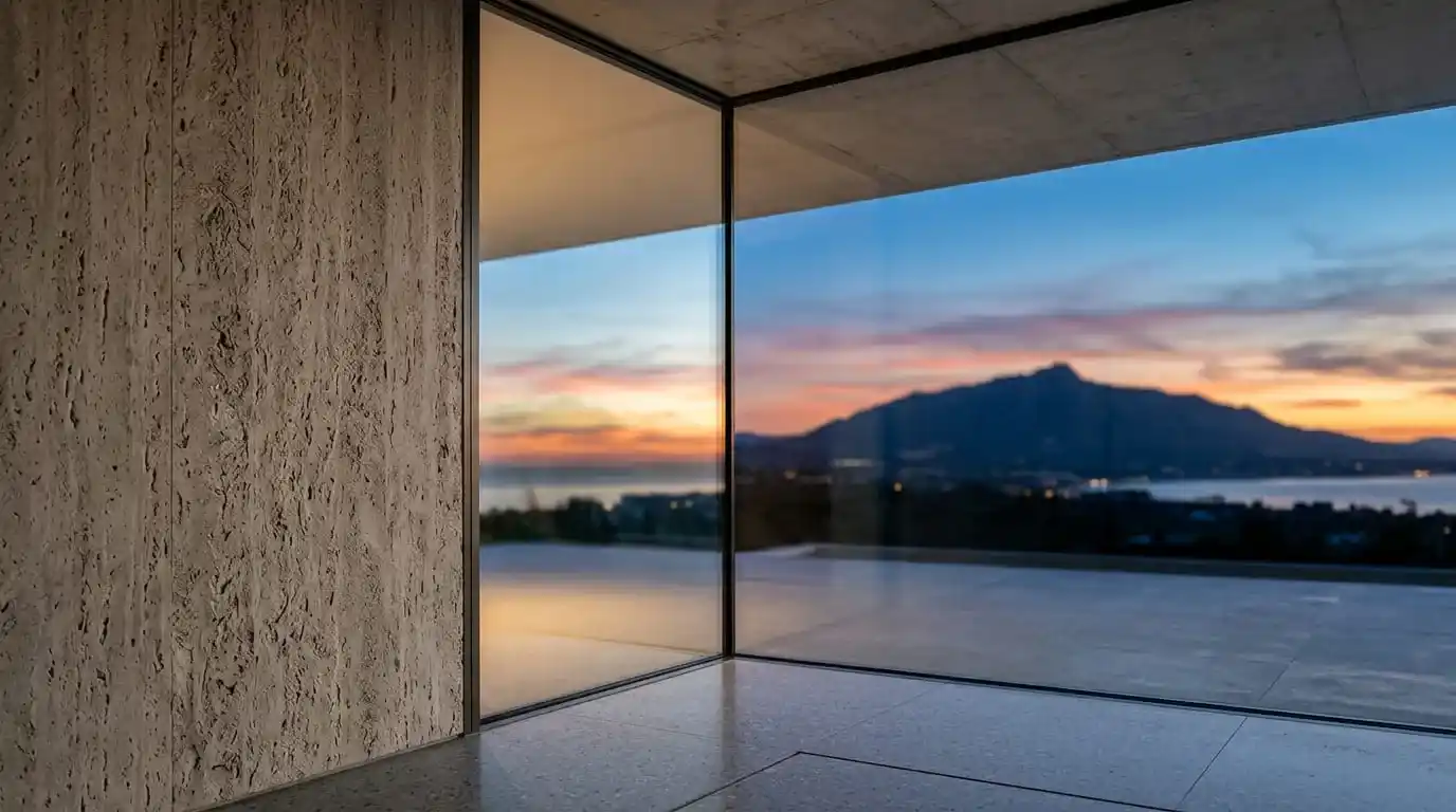 Minimalist luxury architectural detail in Marbella showing stone and glass textures, reflecting the solid legal and structural framework of the POU 2026.