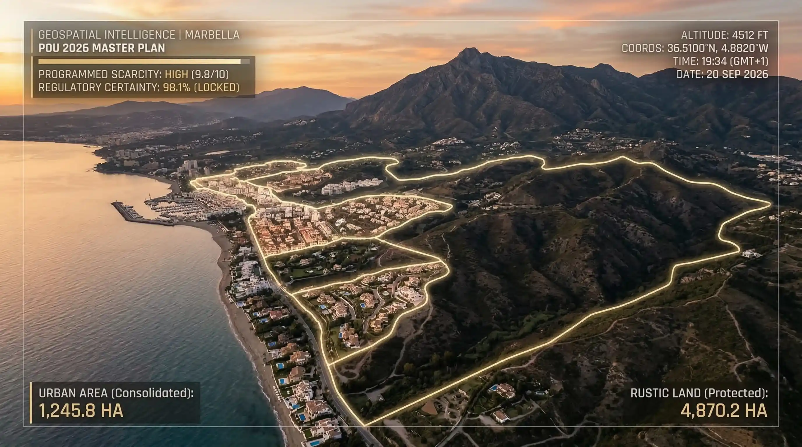 Aerial view of Marbella Golden Mile and Sierra Blanca with digital HUD overlay showing the POU 2026 consolidated urban land boundaries for UHNW investment security.