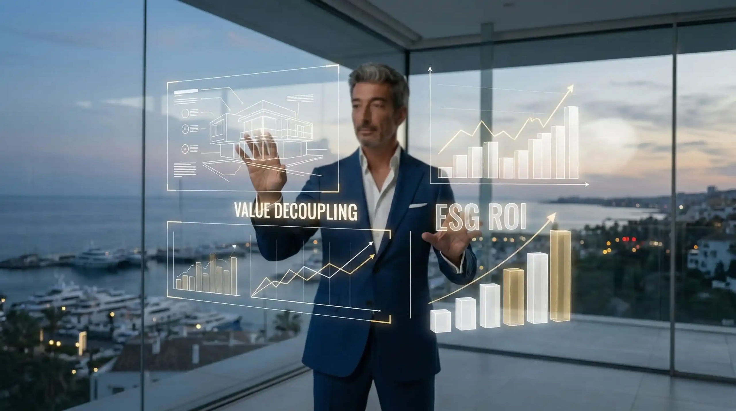 Technical chart showing the decoupling of Marbella luxury property values from European market trends in 2026.