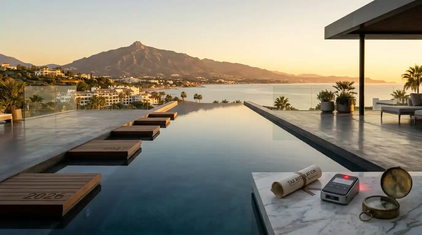 Realistic architectural photograph from a Marbella rooftop showing a water path symbolizing strategic real estate projections and risks towards 2030.