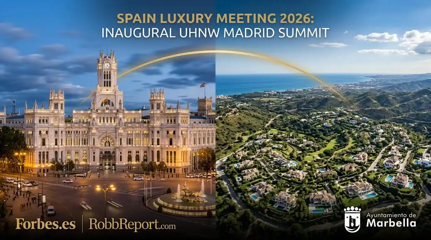 Official poster of the 1st Spain Luxury Meeting 2026 in Madrid featuring Marbella as the benchmark for ultra-prime real estate, with Media Partners Forbes and Robb Report.