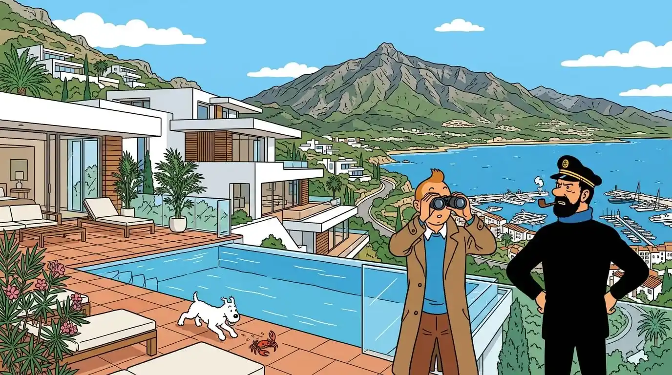 Tintin and Captain Haddock observing the Mediterranean Sea and Puerto Banús from a luxury minimalist villa terrace in La Zagaleta.